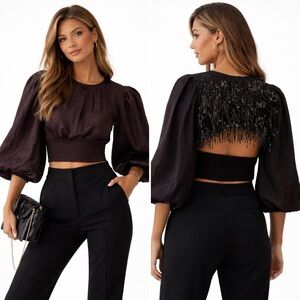 Current Air Sequin Open Back Puff Sleeve Cropped Blouse Size XS🧡